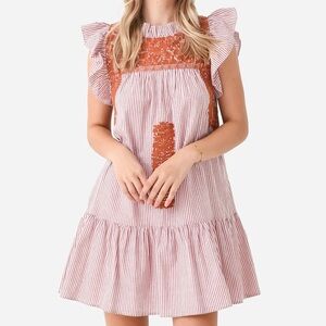 J. Marie The Schafer Ruffle Neck Embroidered Striped Dress - NWOT - Size Small